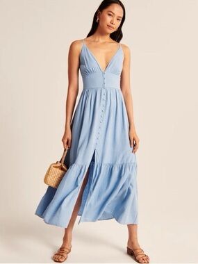 Abercrombie Button-Through Maxi Dress - Light Blue - Size Large - Linen Blend